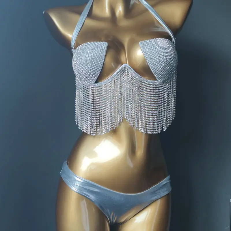 

2023 Sexy Tassels Diamond Bikini Set Popular Chain Rhinestone Swimwear Push Up Women Beachwear Hot Halter Crystal Swimsuits