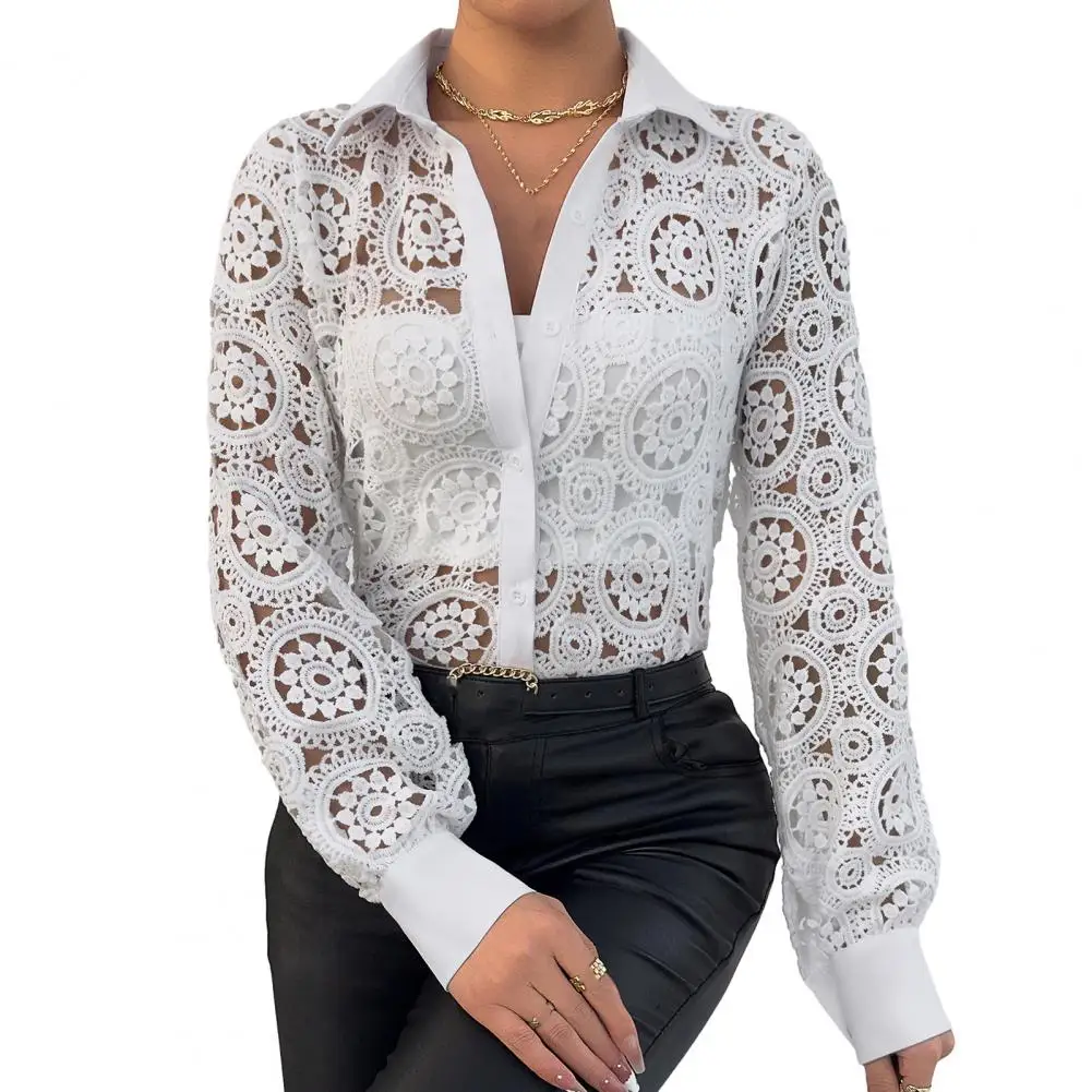 

Блузка женская кружевная с длинным рукавом, эластичная Удобная элегантная ажурная рубашка для работы, дышащий Топ на пуговицах, свободный крой