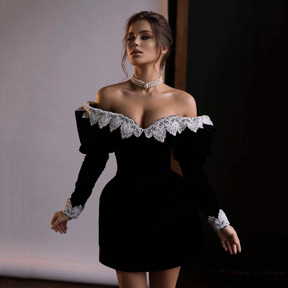 Elegant Off-shoulder Black Cocktail Dresses Mini SheathLong Sleeves Prom Gown Customized Dance Wear Short Velour Party Outfit
Elegant Off-shoulder Black Cocktail Dresses Mini SheathLong Sleeves Prom Gown Customized Dance Wear Short Velour Party Outfit