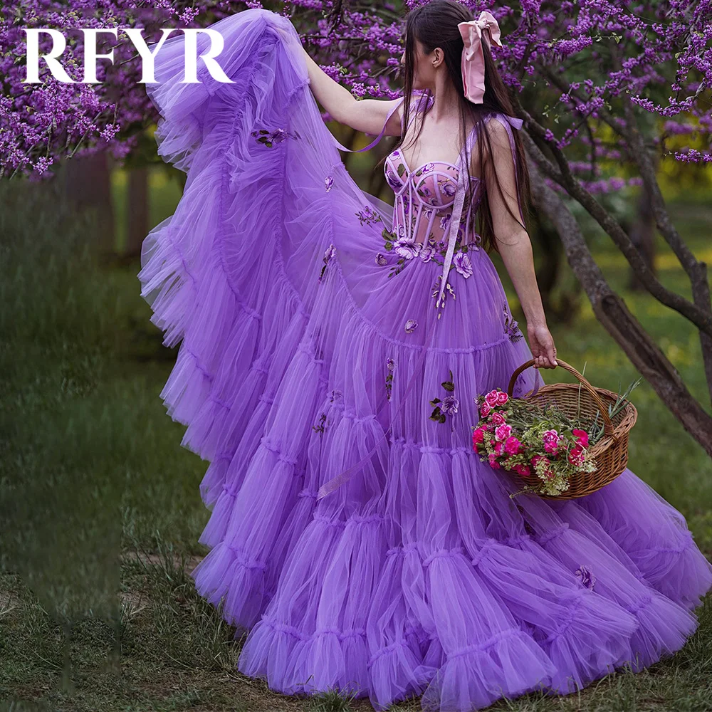 

RFYR Purple Net Prom Dress Tiered Layer Celebrity Dresses Appliques Women's Evening Dresses Spaghetti Strap Formal Gown 프롬 드레스