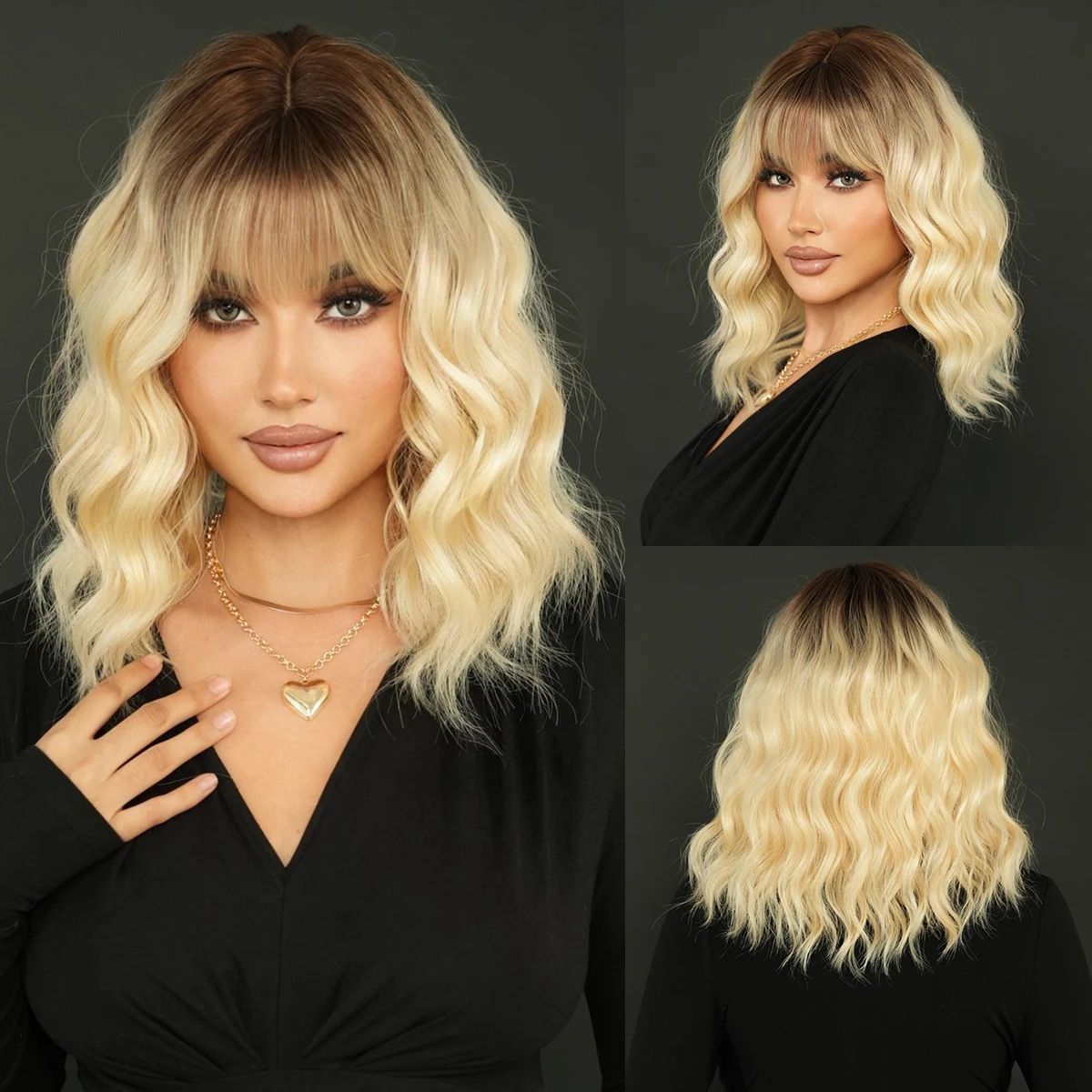 

NAMM Long Wavy Brown Ombre Light Blonde Wig With Dark Roots High Density Synthetic Layered Hair Wig with Bangs Heat Resistant