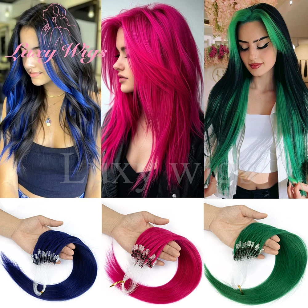 Straight Pink Micro Loop Hair Extensions Human Hair Micro Beads Halo Hair Extensions 12-20'' Colored Blue Purple Green Hair 17 S6d59e37622e24366a82b1493354776a4O