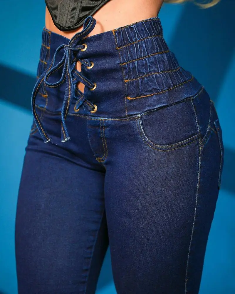 

Autumn Jeans for Women Casual High Waist Skinny Grommet Eyelet Lace-Up Pocket Design Plain Fashion Women's Denim Trousers