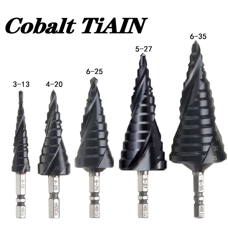 

HRC89 M35 Cobalt TiAlN Coated Step Drill Bit 1/4 Inch Cone Hex Shank Metal Drilling Hole Opener Tool For Stainless Steel