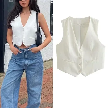 TRAF 여성용 민소매 조끼 코트, 모던 워크, 블랙, 화이트, 핑크, 블루, 정장 조끼, 가을 패션 상품 이미지