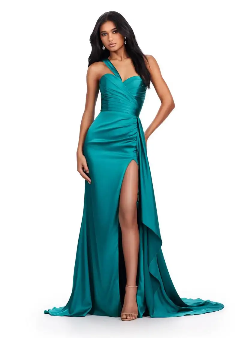 

One Shoulder Ruffle Satin Prom Dress With Pleat Sweetheart A Line Long Formal Evening Party Dress Open Back Cocktail Party Gown
