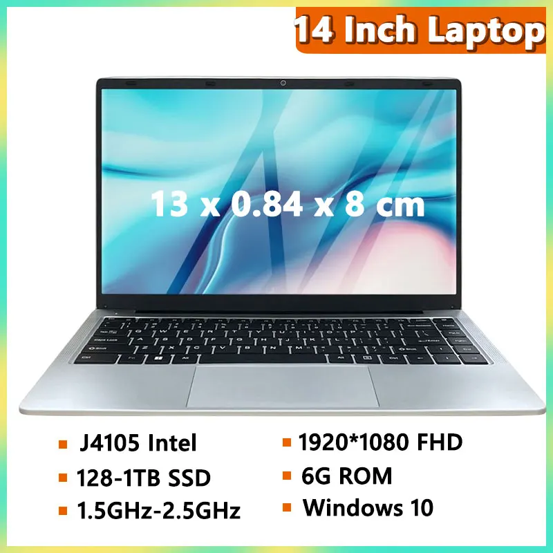 

14 Inch Low Price Laptop J4105Intel Quad Core Laptops 6GB RAM 1TB SSD Student Notebook Windows 10 Band WiFi 2K FHD IPS Screen