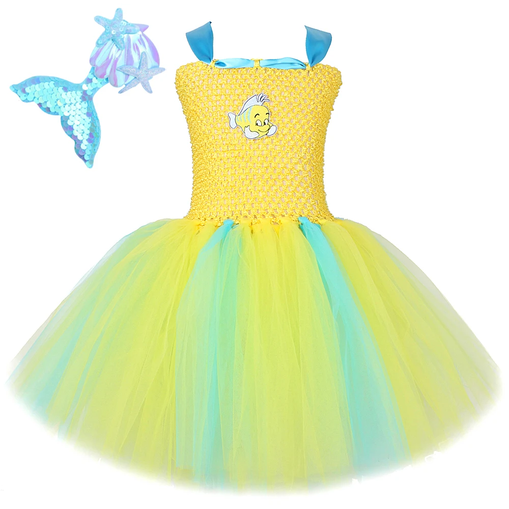 

The LIttle Mermaid Flounder Costumes for Baby Girls Disney Cartoon Fish Tutu Dress for Kids Birthday Halloween Party Outfit Set