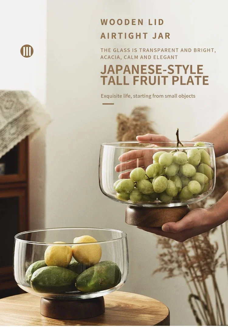 

Japanese Simple Glass Fruit Plate Living Room Candy Bowl Wooden Storage Box Tall Dried Fruit Dessert Plate Snacks Dim Sum Bowl