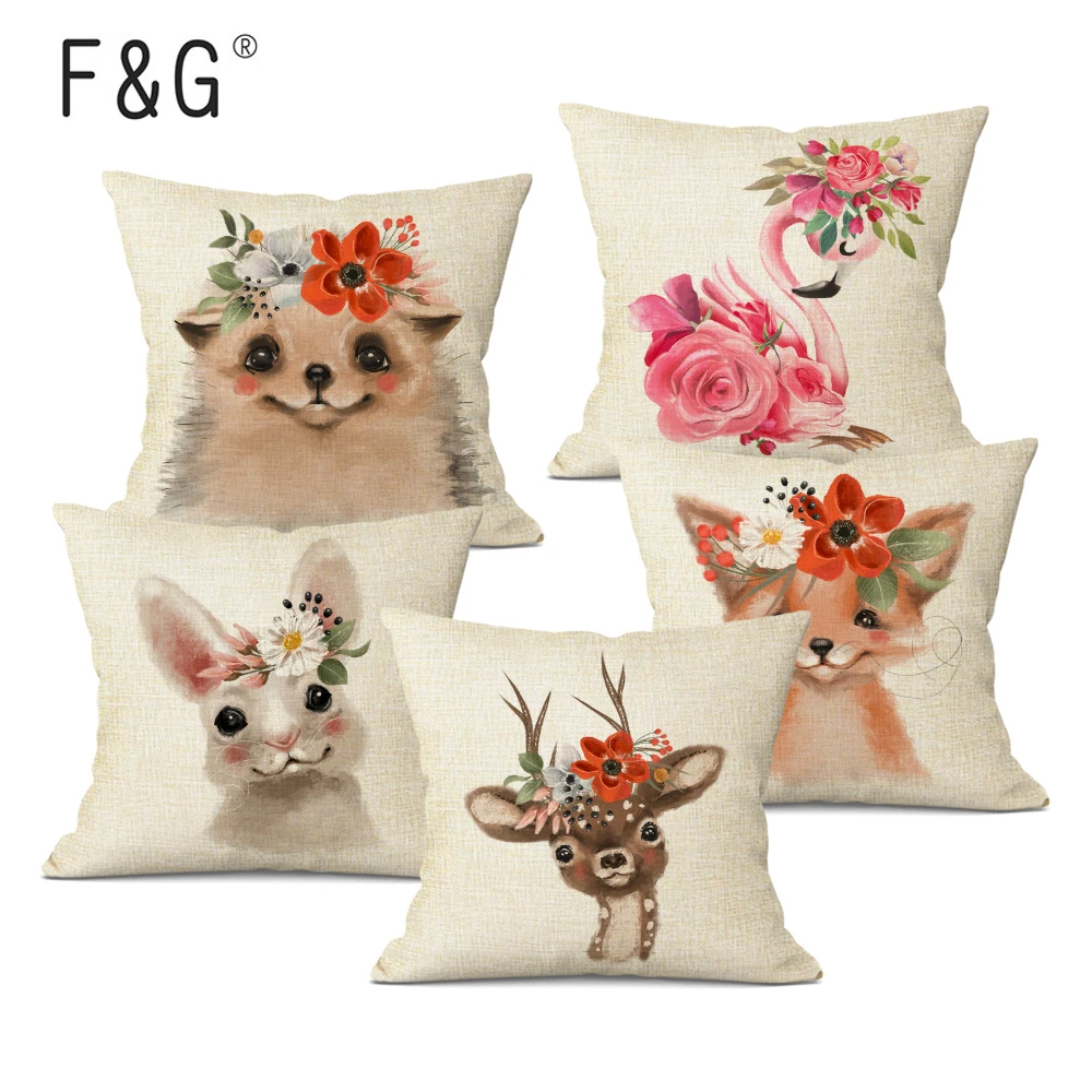 

Cute Animal Sofa Decorative Cushion Cover, Linen Pillowcase, Cartoon Throw Pillow Case, Home and Car Decor, 45x45cm