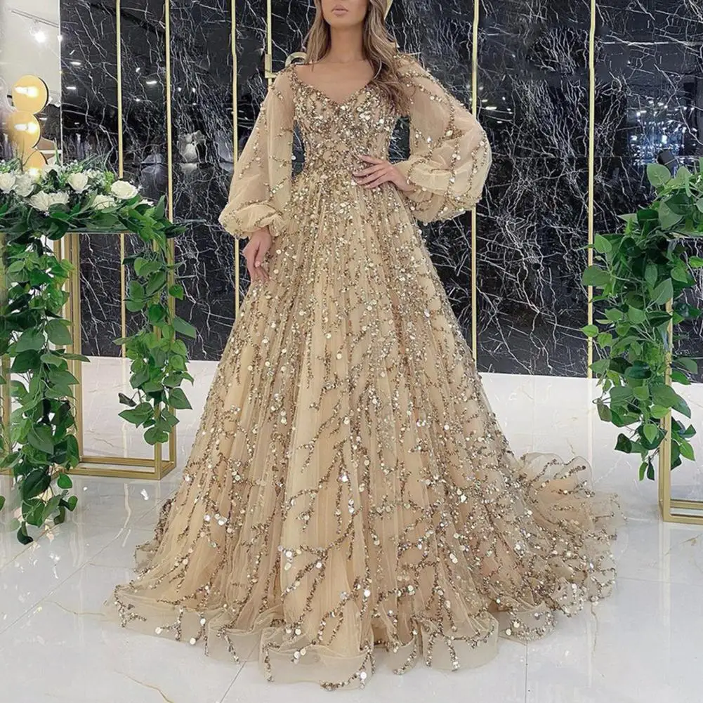 Women Evening Dress Lantern Sleeve Shiny Sequin Beading Padded A-line Floor Length Mesh Double-layered Cocktail Party Dress
Women Evening Dress Lantern Sleeve Shiny Sequin Beading Padded A-line Floor Length Mesh Double-layered Cocktail Party Dress