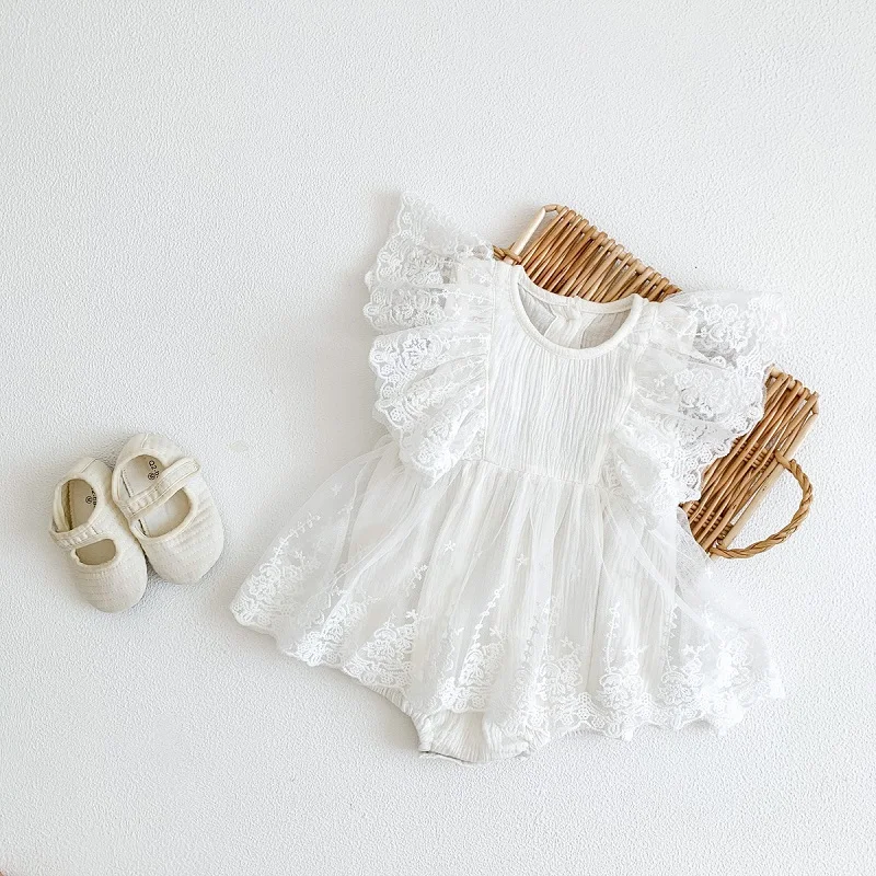 

Princess Baby Dress Romper 0-24Months Newborn Girl Ruffles Lace Sleeve Solid White Skirted Bodysuit One-Pieces Summer Clothes