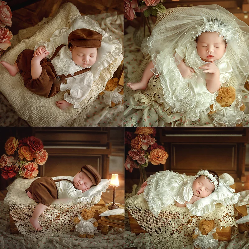 

Baby Boy Newborn Photoshoot Outfits Vintage Wedding Theme Wedding Suit Photography Clothing Teddy Bear Doll Creative photo props