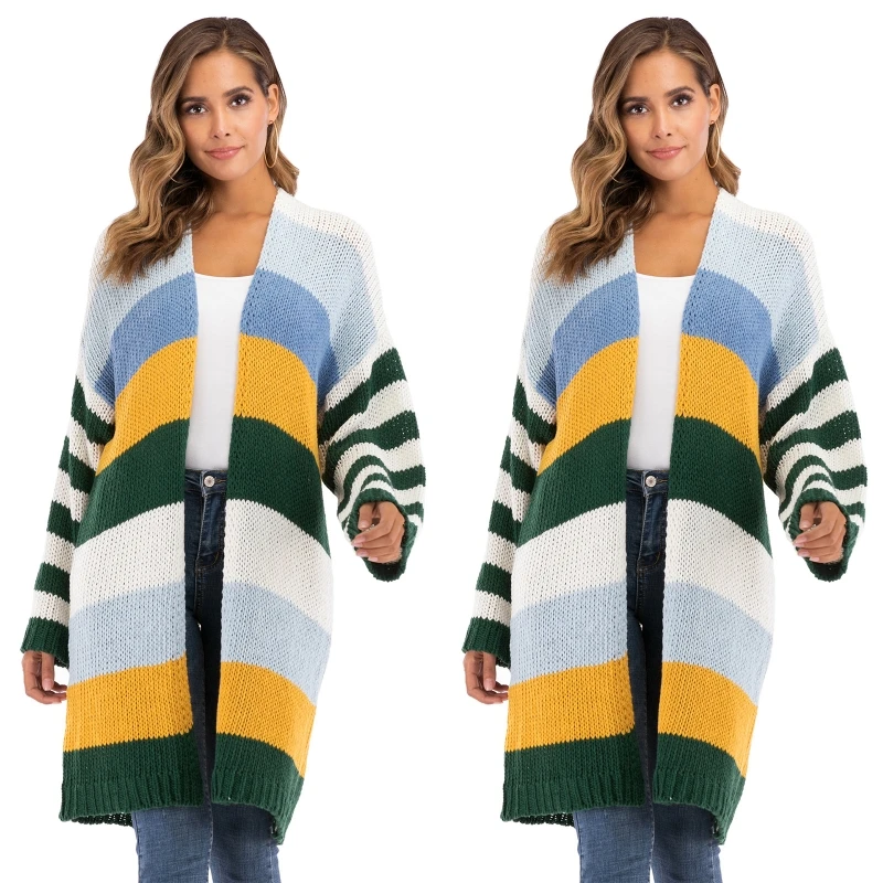 

Женский вязаный кардиган больших размеров с длинными рукавами и цветными блоками, вязаный крючком свитер в полоску, пальто до