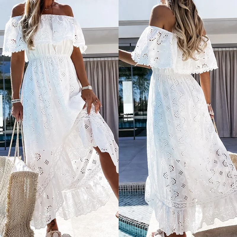 

Summer Women's Bohemian One Word Shoulder Lace Lacework Splicing Short Sleeve Sexy New Tube Top Backless Beach White Long Dress