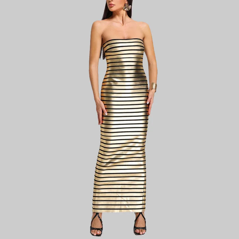 

Tube Top Dress Advanced Bronzing Striped Slim-Fit Sheath Bandage One-Piece Dress Split Sexy European and American Women's Clothi