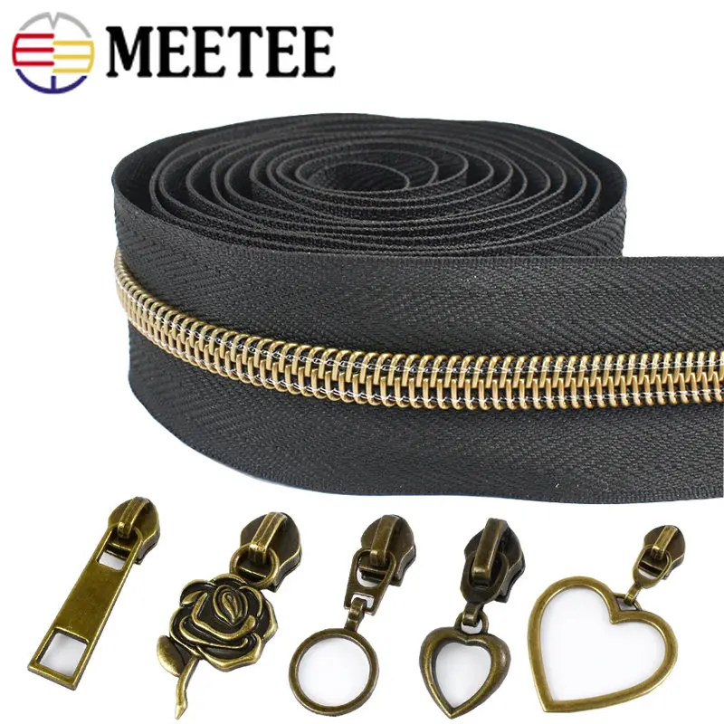 

4/10Meters 5# Plastic Nylon Zipper Tapes & Bronze Zippers Puller Bag Garment Pocket Decorative Zip Repair Kit Sewing Accessories