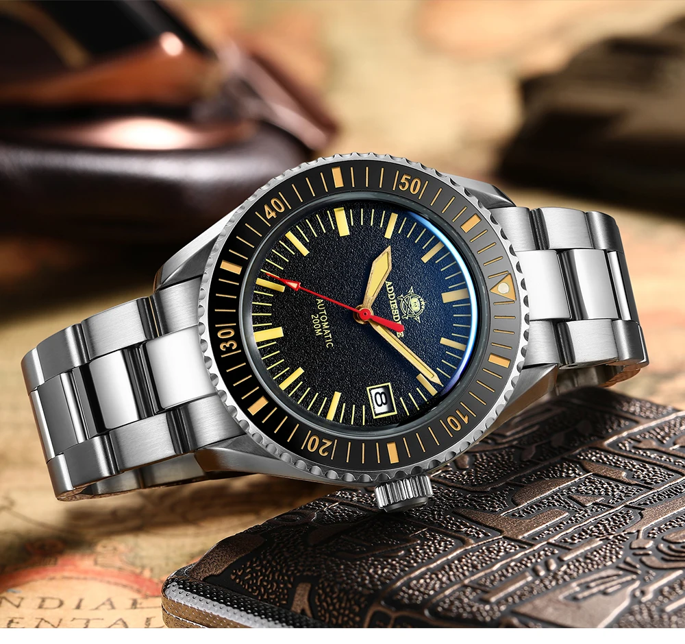 ADDIESDIVE Mechanical Watch Men NH35 Leather Strap 200m Diving Sapphire Stainless Steel Luminous Ceramic Bezel watch Relojes
ADDIESDIVE Mechanical Watch Men NH35 Leather Strap 200m Diving Sapphire Stainless Steel Luminous Ceramic Bezel watch Relojes