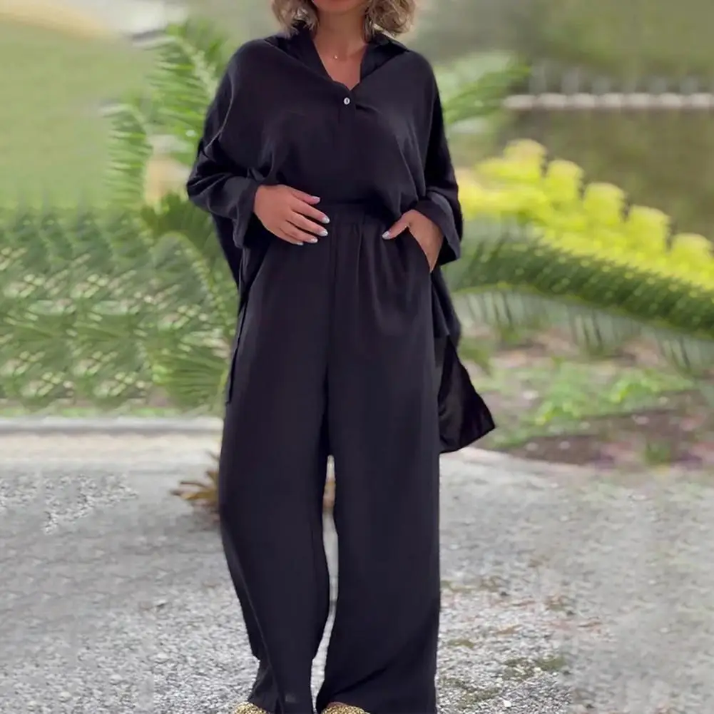 Women Spring Suit Two-piece Suit Set Women's Shirt Pants Set with Wide Leg Trousers Solid Color Blouse Elastic Waist for Commute 
Women Spring Suit Two-piece Suit Set Women's Shirt Pants Set with Wide Leg Trousers Solid Color Blouse Elastic Waist for Commute