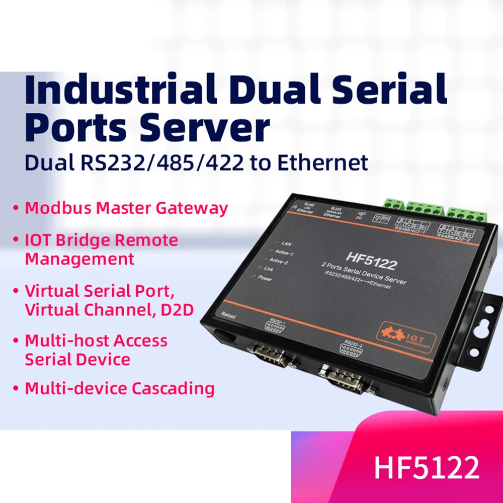 

2 Serial Port RS232 RS485 RS422 To RJ45 Ethernet Server Converter HF5122 Support TCP/IP Telnet Modbus TCP Protocol