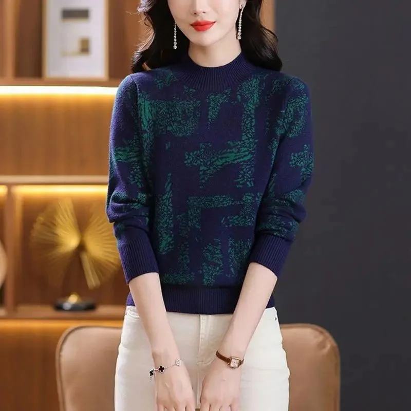 

New Autumn/Winter Fashion Korean Edition Colorblock Jacquard Half High Neck Loose Versatile Slim Women's Long Sleeve Sweater