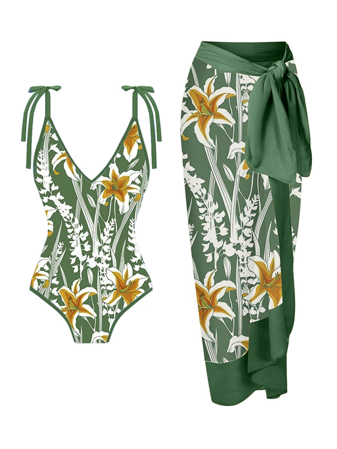Green Fashion One Piece Swimsuit Lily Floral Print Deep V Lace-up Design Tight Women's Retro Swimsuit And Suitable Cover Up
Green Fashion One Piece Swimsuit Lily Floral Print Deep V Lace-up Design Tight Women's Retro Swimsuit And Suitable Cover Up