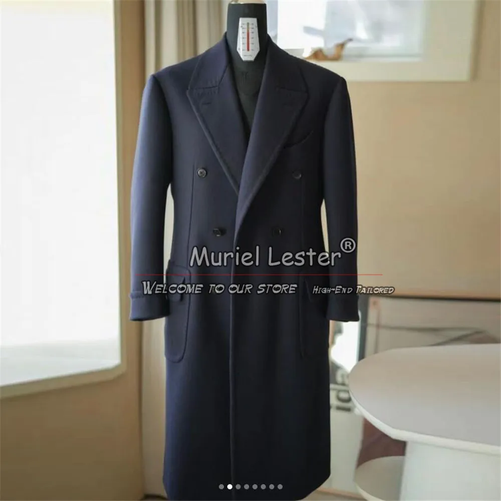 

Navy Blue Suit Jackets For Men Double Breasted Overcoat Classic Design Tweed Woolen Blend Trench Coat Long Bespoke Groom Tuxedos