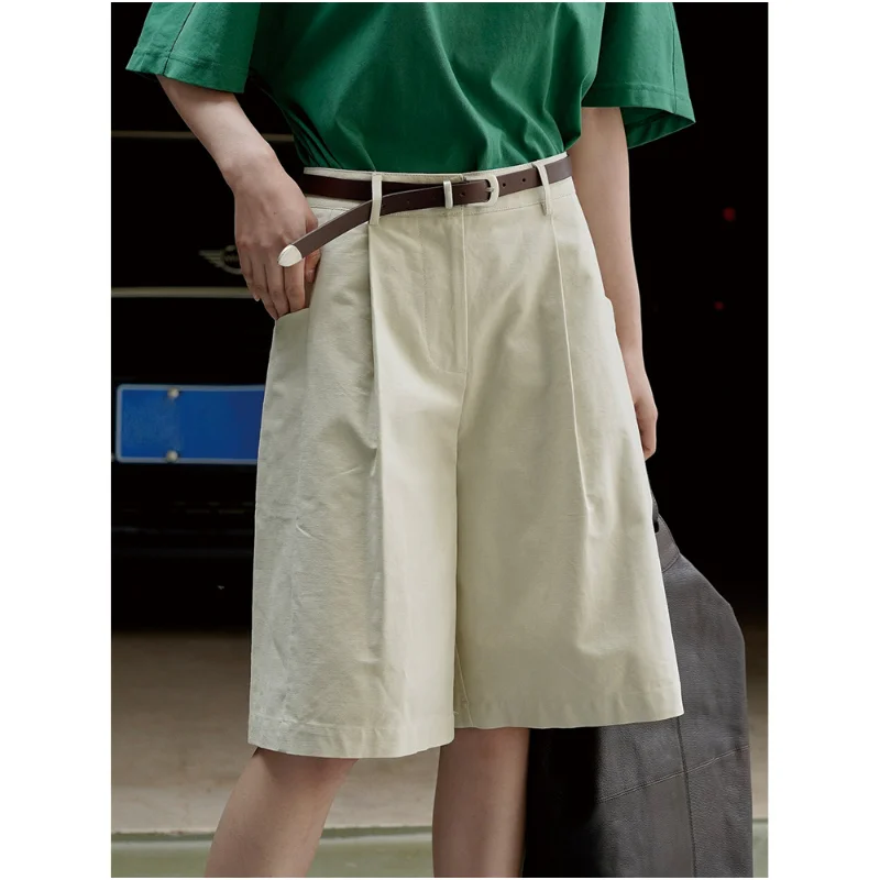 

Summer Wide-leg Shorts Women Retro Simple Five-point Tailored Trousers Cotton Cropped Pants Loose Slim Commuter Casual Bottoms