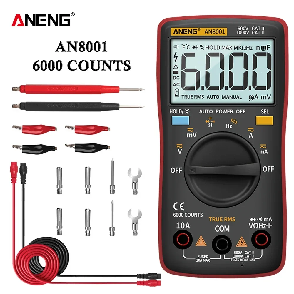 ANENG AN8001 Multimeters Digital 6000 Counts True RMS AC/DC Current Voltage Meter Testers Auto Range Capacitor Profesional Tools
ANENG AN8001 Multimeters Digital 6000 Counts True RMS AC/DC Current Voltage Meter Testers Auto Range Capacitor Profesional Tools