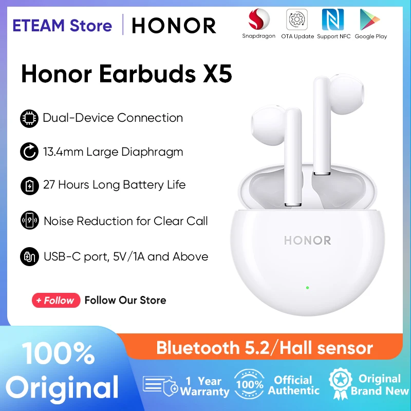 Original Honor Earbuds X5 TWS Earphone 27 Hours Battery Life Dual-Device Connection Noise Cancelling For HONOR 90
Original Honor Earbuds X5 TWS Earphone 27 Hours Battery Life Dual-Device Connection Noise Cancelling For HONOR 90