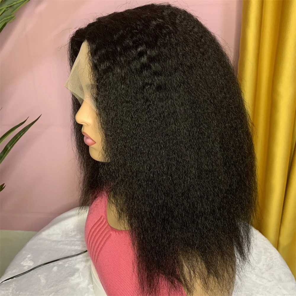 

Natural Black Soft Short Bob Preplucked Kinky Straight Yaki Lace Front Wig 180% Density For Black Women With Baby Hair Glueless