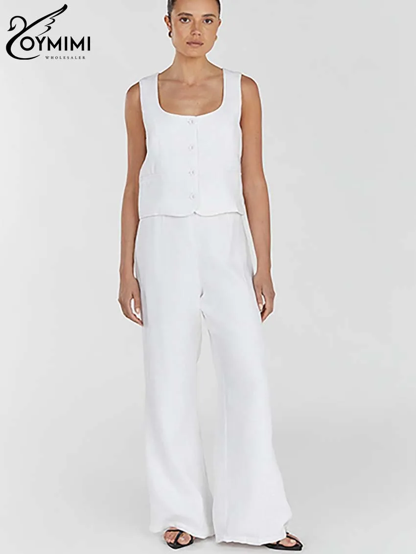 

Модные белые женские комплекты Oymimi из 2 предметов, элегантный комбинированный Топ Без Рукавов на пуговицах и простые брюки с высокой талией, уличная одежда