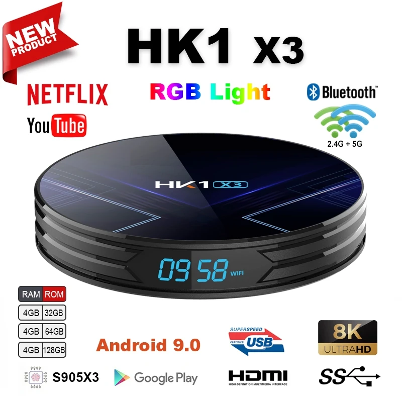 

HK1 Smart Android 9.0 TV Box Amlogic S905 X3 4GB 64GB USB3.0 H.265 4K 60fps Google Stream Media Player IP&TV Set Top Boxes