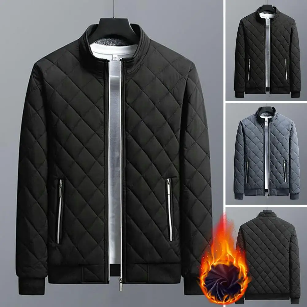 

Full Zipper Closure Men Coat Winter Jacket for Men Stylish Plaid Texture Warm Fleece Lining Pockets Ideal Outwear Winter Men