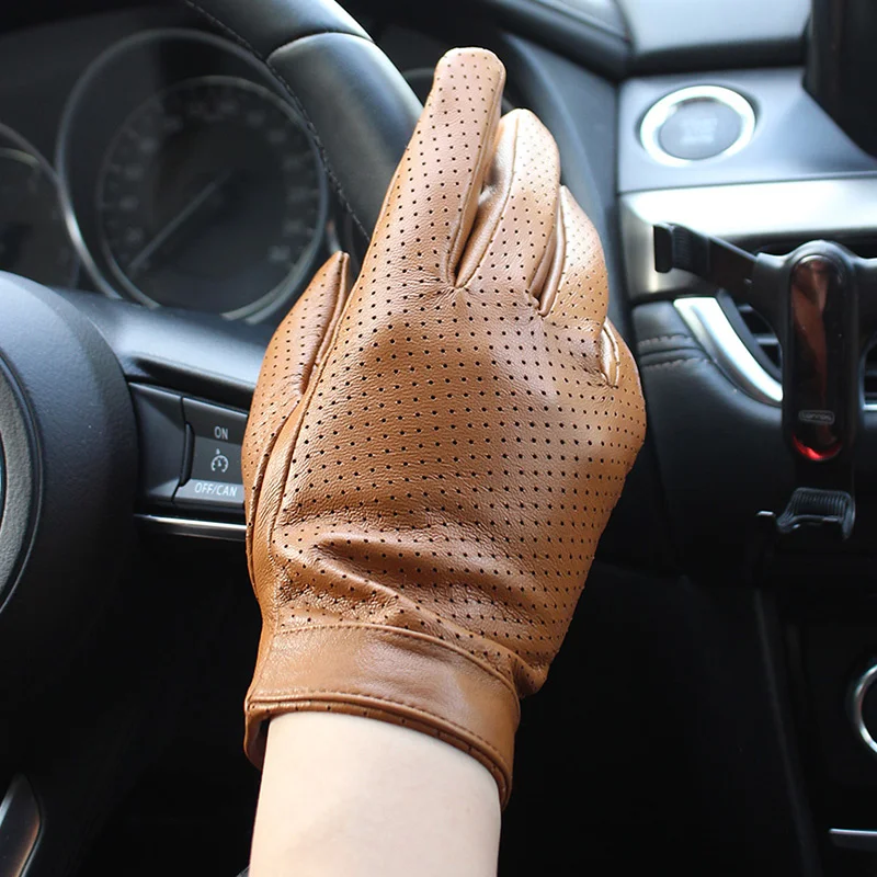 

Fashion Women's Spring Thin Lining Leather Perforated Style Black Breathable Female Sheepskin Driving Gloves