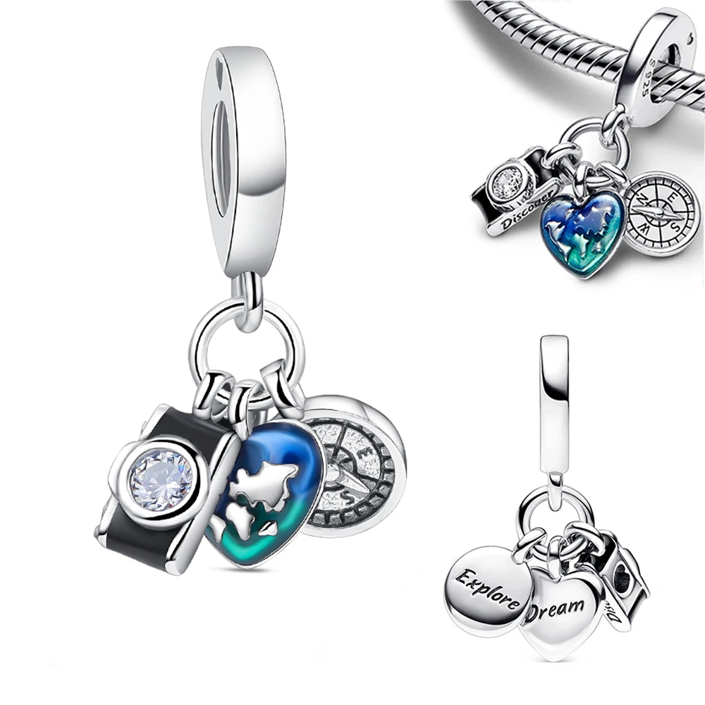 

New 925 Sterling Silver Camera Globe & Compass Dangle Charm Fit Original Pandora Bracelet & Necklace Women DIY Jewelery Gift