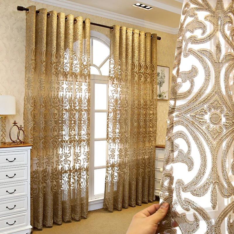 

Luxury European Embroidered Window Screen Curtains for Living Room Bedroom Balcony Villa Palace Gold Shading Finished Products