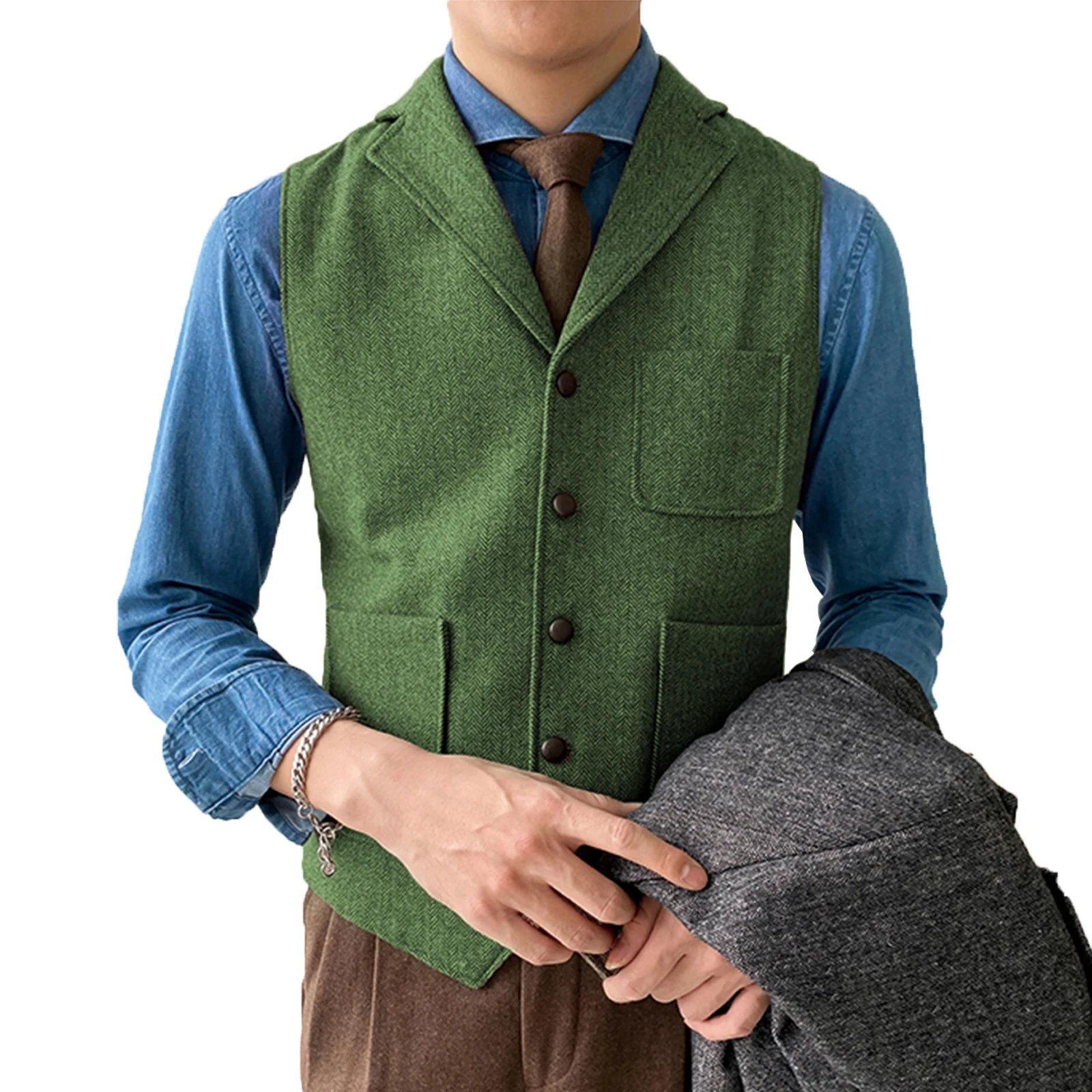 

Men Suit Green V Neck Vest Herringbone Tweed Waistcoat Notch Lapel With 3 Pockets Business Formal Waistcoat Groomsmen
