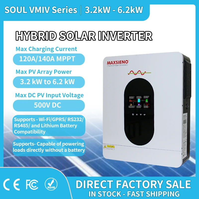 MAXSIENO 4.2KW 6.2KW Hybrid Solar Inverter 48V 24V to 230VAC With Wifi MPPT 140A 120A Charger for Solar System
MAXSIENO 4.2KW 6.2KW Hybrid Solar Inverter 48V 24V to 230VAC With Wifi MPPT 140A 120A Charger for Solar System