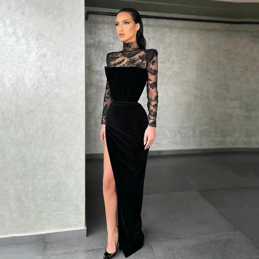 

Black Velvet Evening Dresses Long Sleeves Mermaid Lady Gorgeous Lace Applique High Collar Side Slit Dubai Formal Prom Gowns 2024