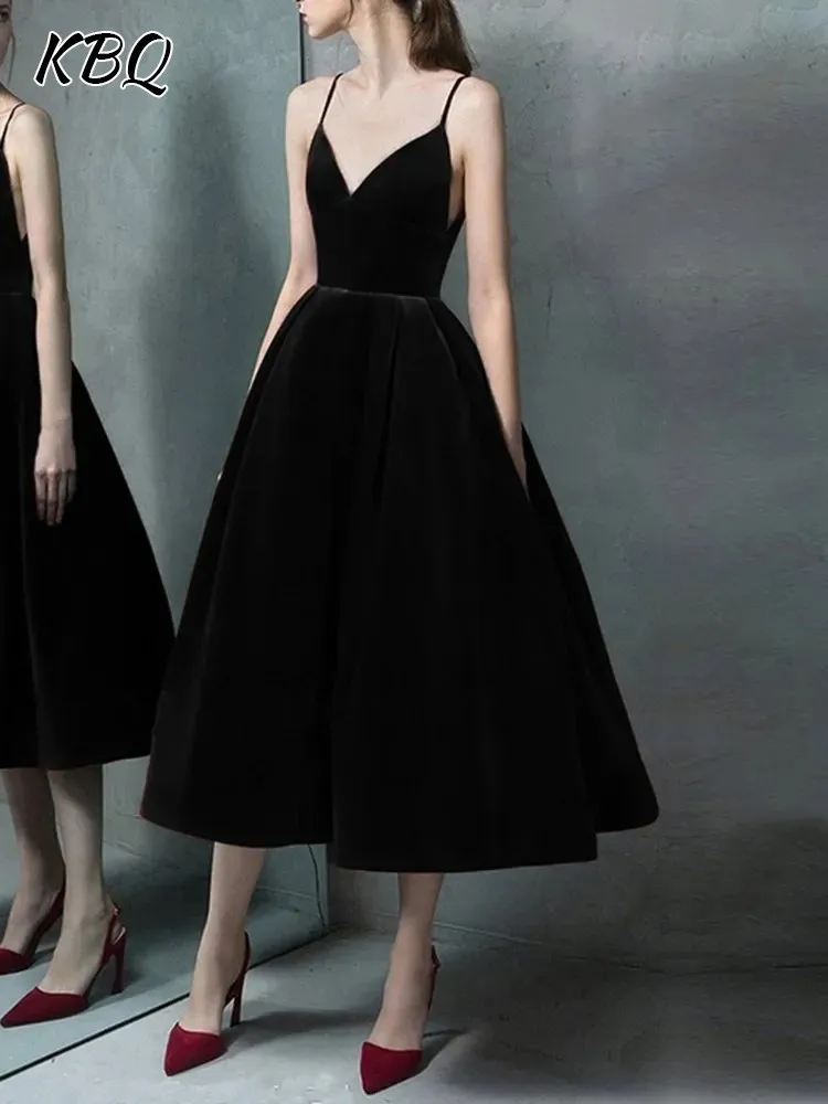 

KBQ Backless Velvet Black Camisole Dress For Women V Neck Sleeveless Off Shoulder High Waist A Line Dresses Female Clothes New