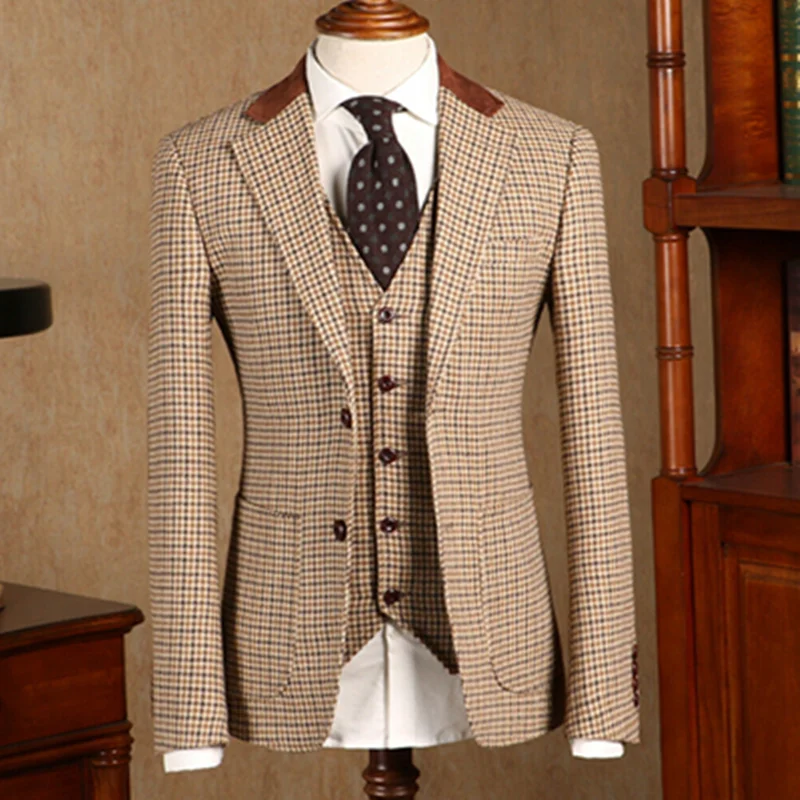 

Khaki Houndstooth Men Suits 3 Pcs Blazer+Vest+Pants Formal Wool Blend Tweed Vintage Wedding Tuxedo Two Button Notch Lapel Jacket