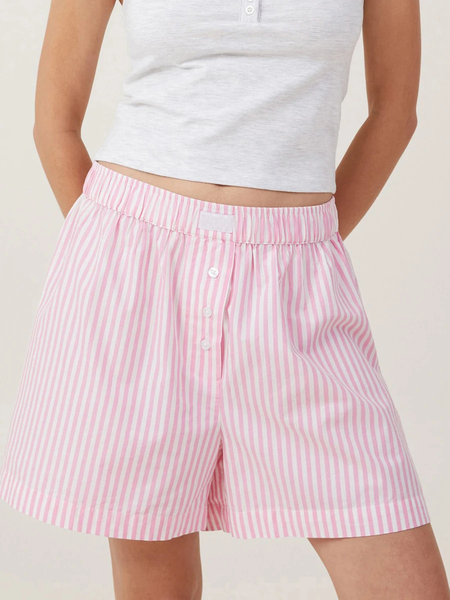 

Women's Stripe Print Lounge Shorts Elastic Waist Button Decor Loose Short Pants with Back Pocket Summer Casual Pajama Bottoms