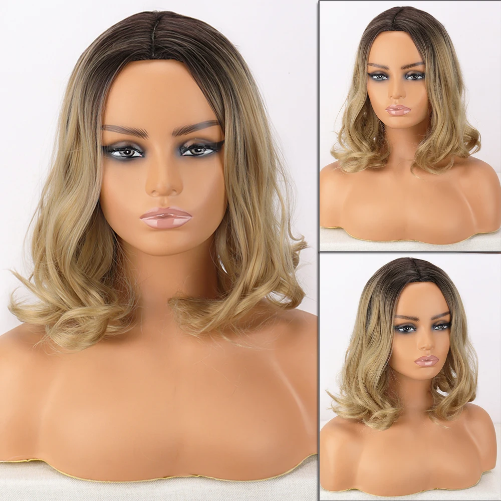 

Short Wavy Bob Synthetic Wigs Brown To Blonde Ombre Hair Wigs For Women With Bangs Cosplay Lolita Natural Wig Heat Resistant