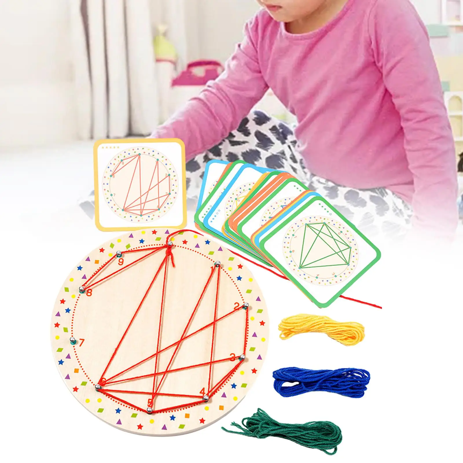 

Wood Threading Peg Board Shapes and Color Preschool Teaching Activity Lace Shape Puzzle Montessori Toy for Preschool Kids