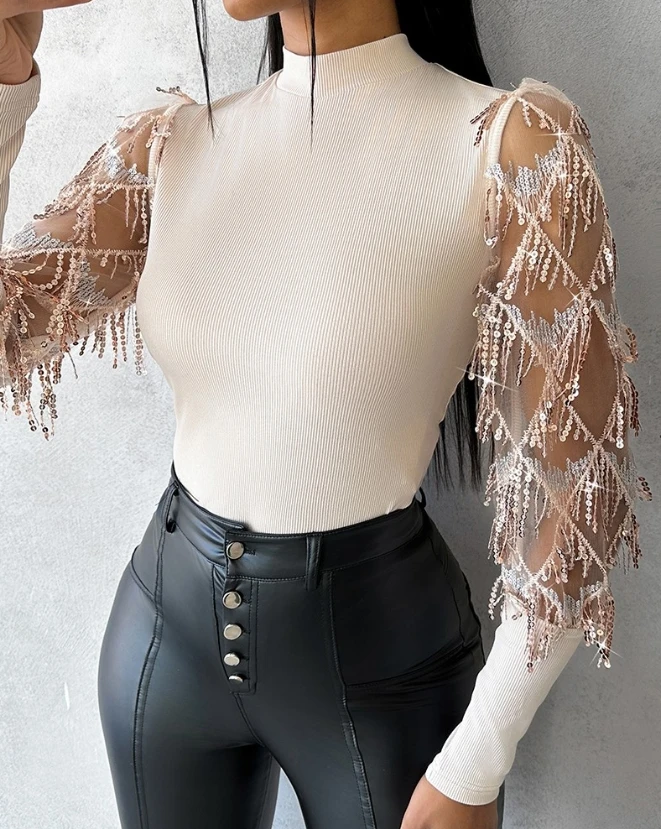 

Fashion Woman Blouse Spring Contrast Sequin Tassel Decor Casual Plain Mock Neck Long Sleeve Skinny Daily Tee Top Y2K Clothes