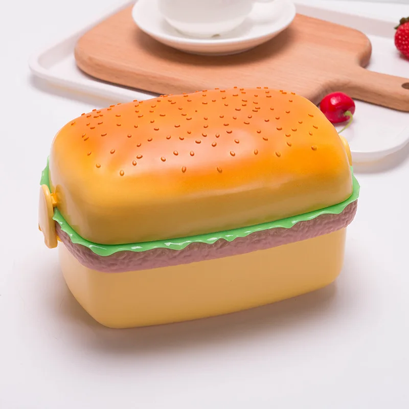 

Hamburger Lunch Box Double Tier Cute Burger Bento Lunchbox Microwave Food Container Fork Tableware Set Owl Compartment ланч бокс