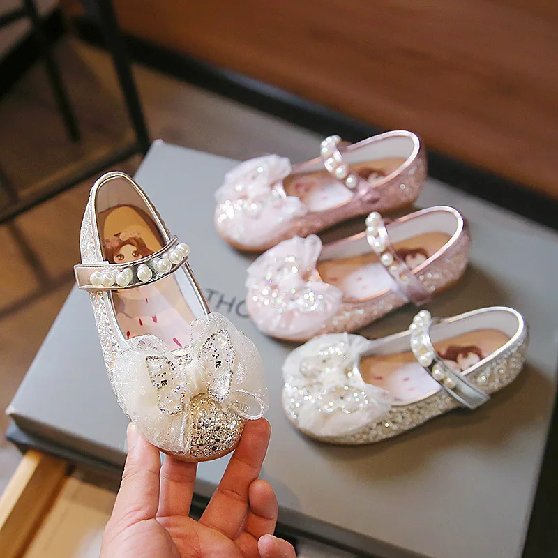 

Children's Pearl Bow Princess Dance Party Dress Shoes Spring Autumn Sequins Bowknot Soft Soled Kids Flats Girls Beading Sandals