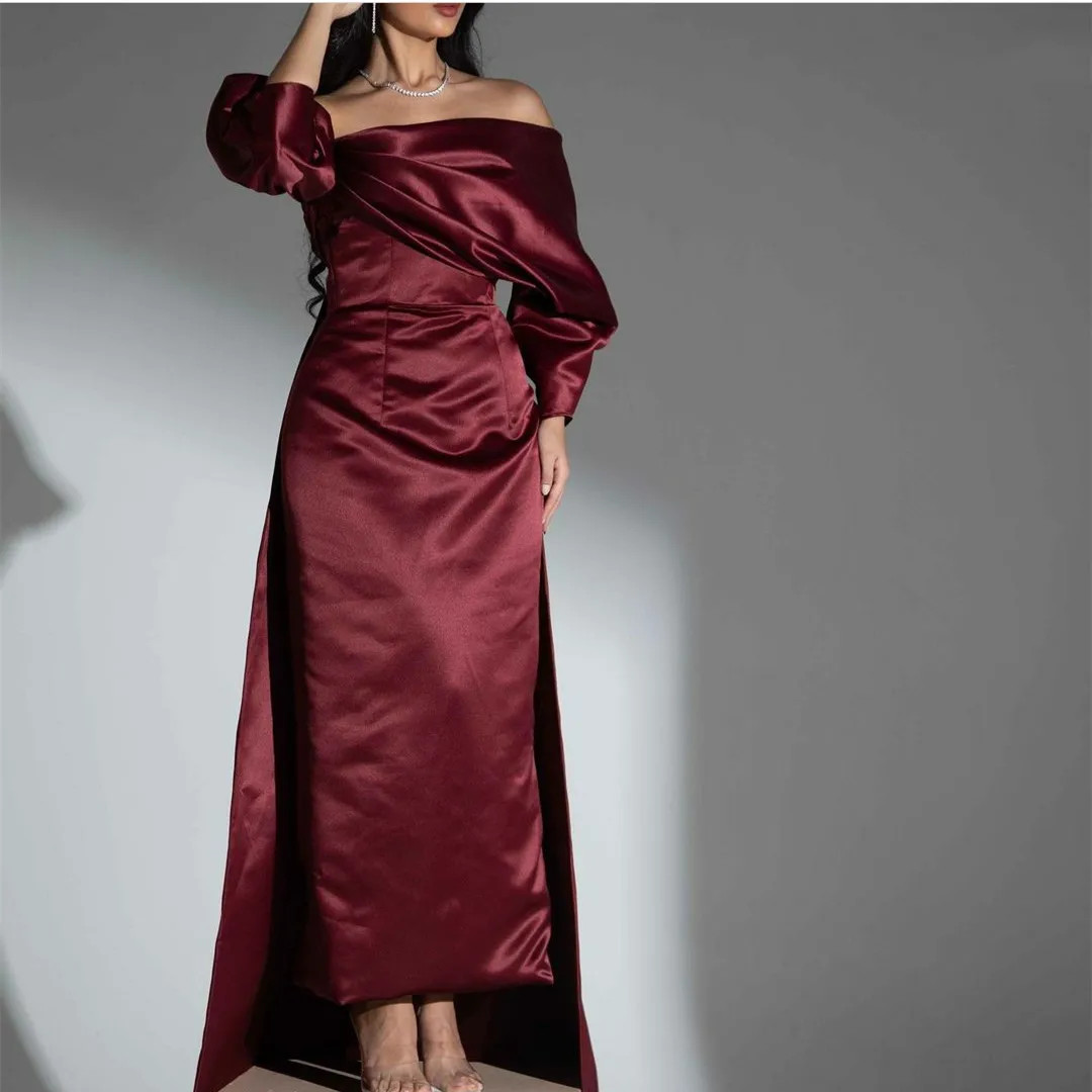 

Vintage Long Burgundy Satin Evening Dresses With Slit Sheath Ankle Length Abendkleider Robes de Soirée for Women