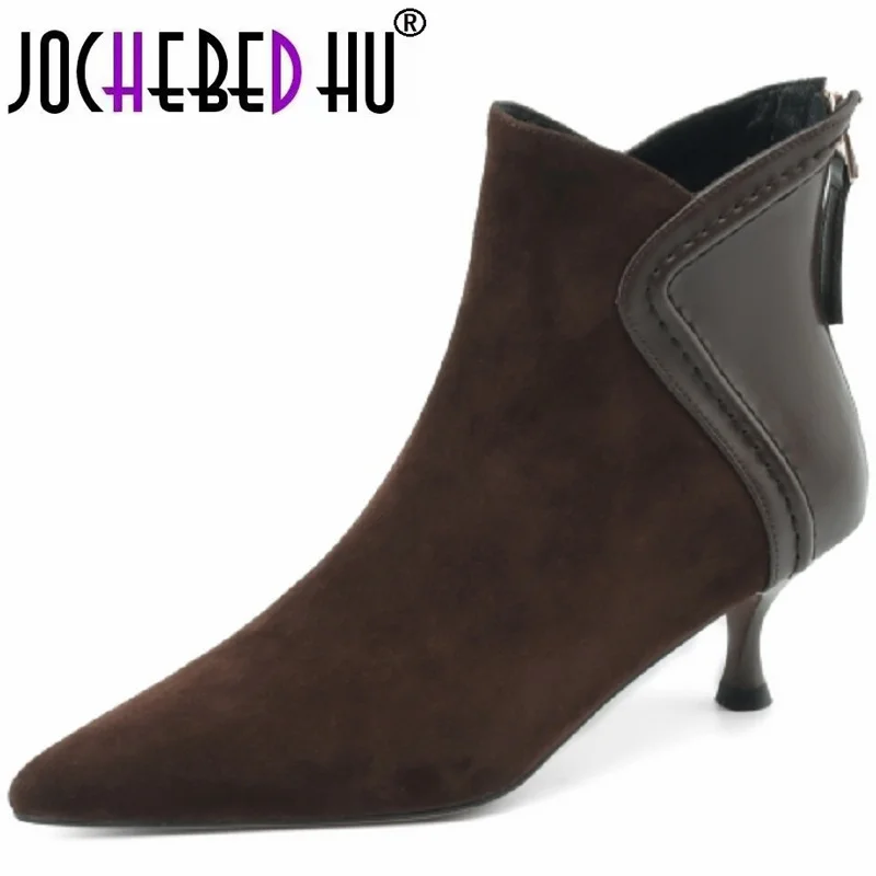 

[Jochebed hu】новые женские брендовые туфли из натуральной кожи, замшевые ботильоны из овечьей кожи, однотонные туфли с острым носком на высоком каблуке, элегантные туфли на тонком каблуке